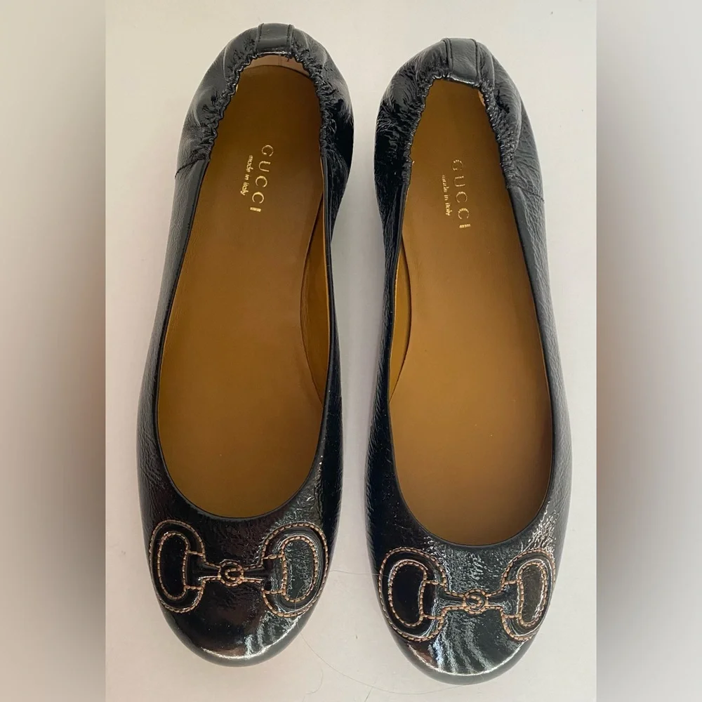GUCCI Black Patent Leather Horsebit Embroidered Ballet Flats - Picture 2 of 14
